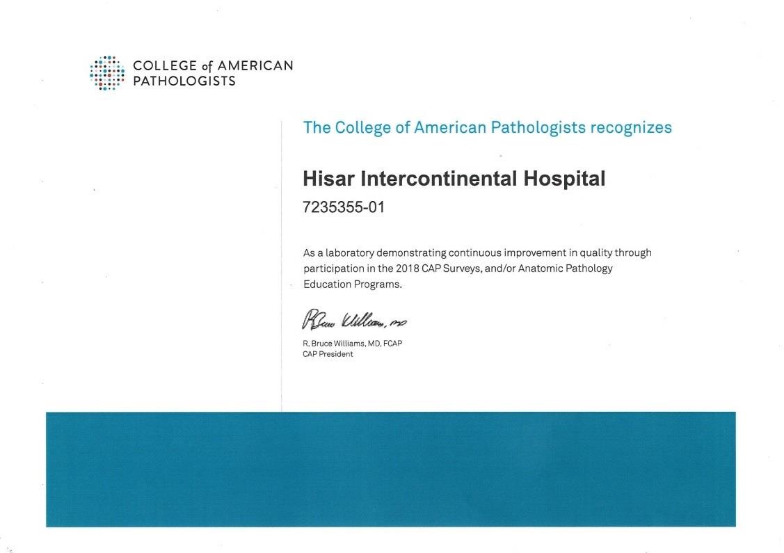 Hisar College of American Pathologists Certificate - Hospital Intercontinental Hisar